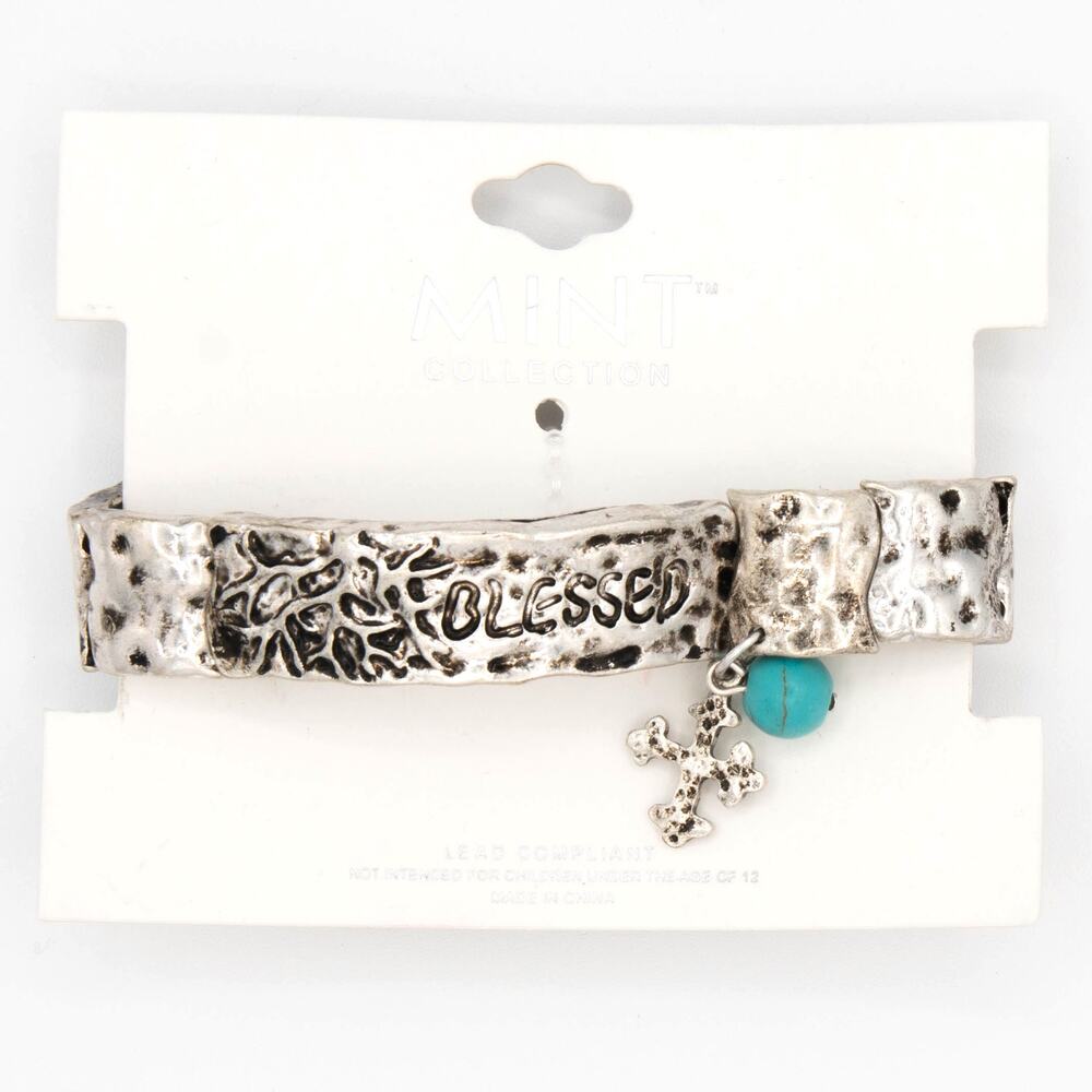 MINT COLLECTION Silver Tone Blessed Stretch Bracelet Turquoise Cross Charm